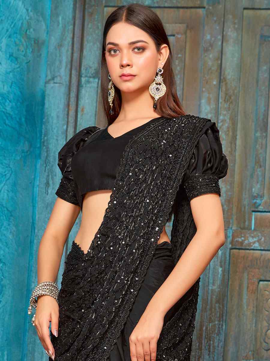 Black Pure Silk Embroidered Party Reception Heavy Border Saree