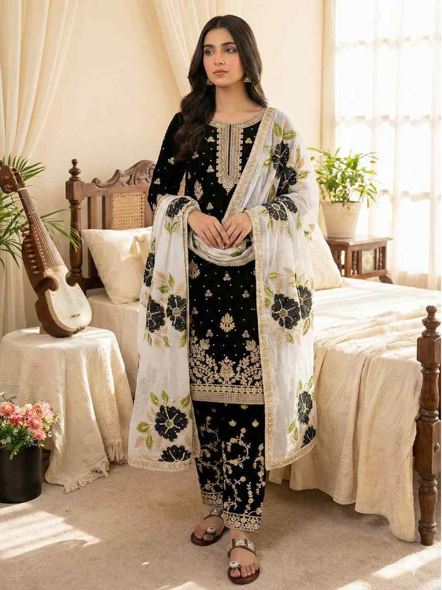 Black Pure Silk Embroidery Party Wedding Festival Casual Ready Palazzo Pant Salwar Kameez