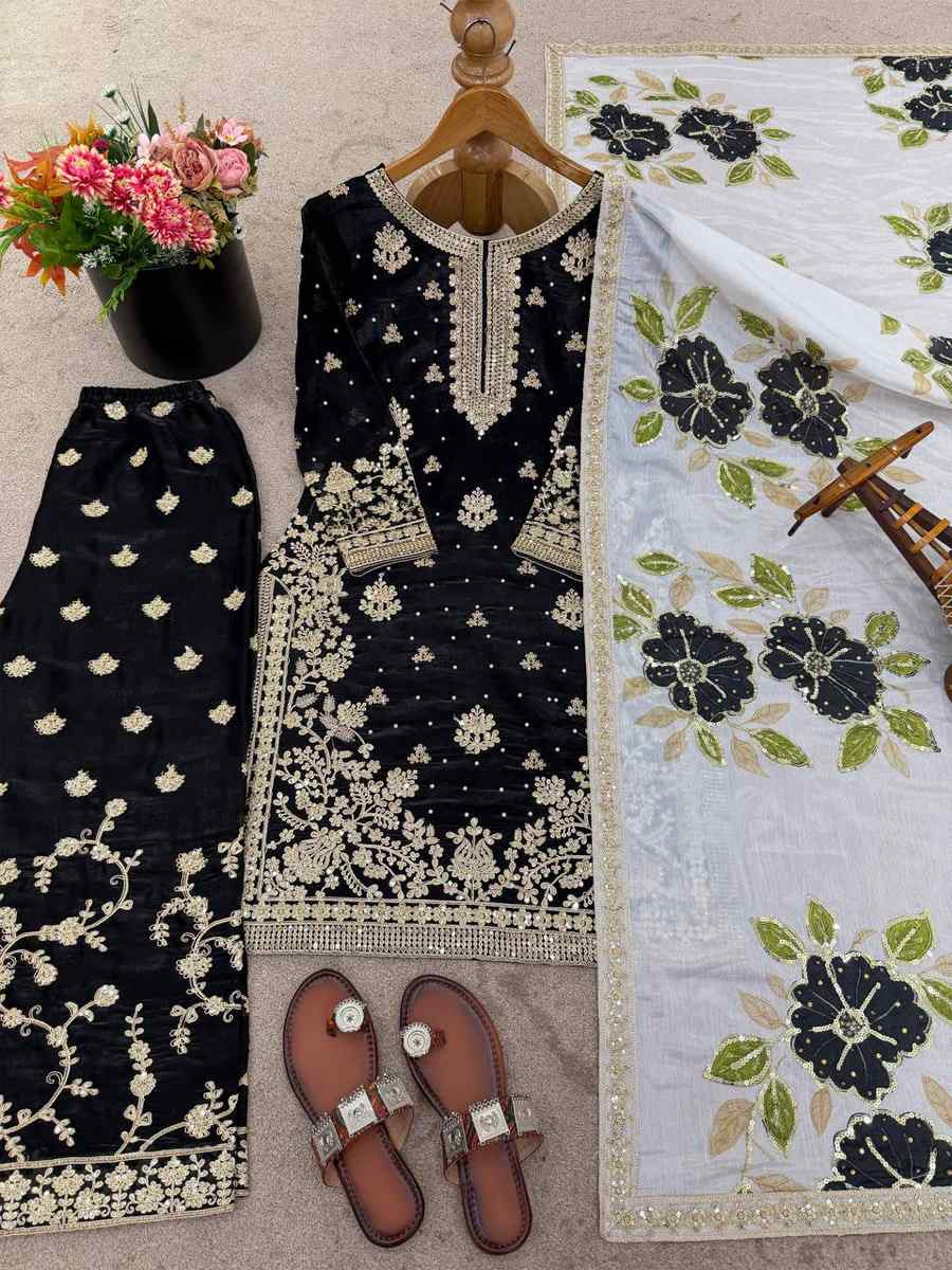 Black Pure Silk Embroidery Party Wedding Festival Casual Ready Palazzo Pant Salwar Kameez