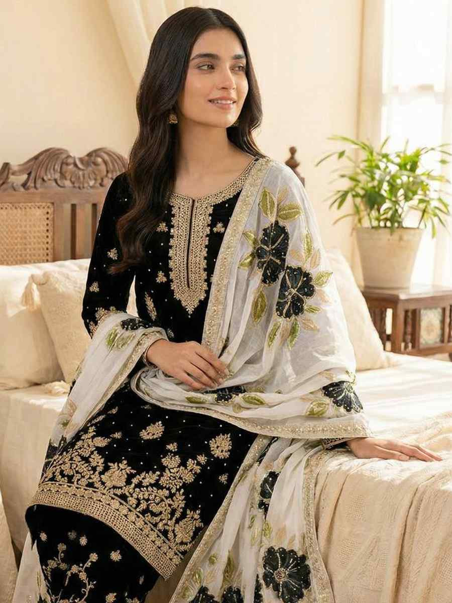 Black Pure Silk Embroidery Party Wedding Festival Casual Ready Palazzo Pant Salwar Kameez