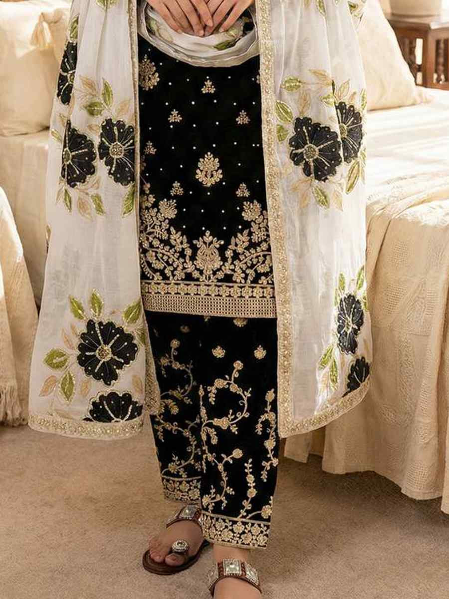 Black Pure Silk Embroidery Party Wedding Festival Casual Ready Palazzo Pant Salwar Kameez