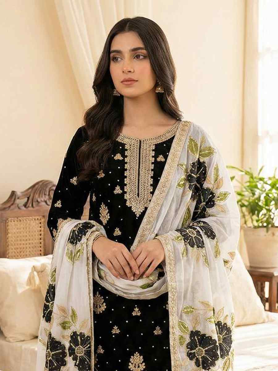Black Pure Silk Embroidery Party Wedding Festival Casual Ready Palazzo Pant Salwar Kameez