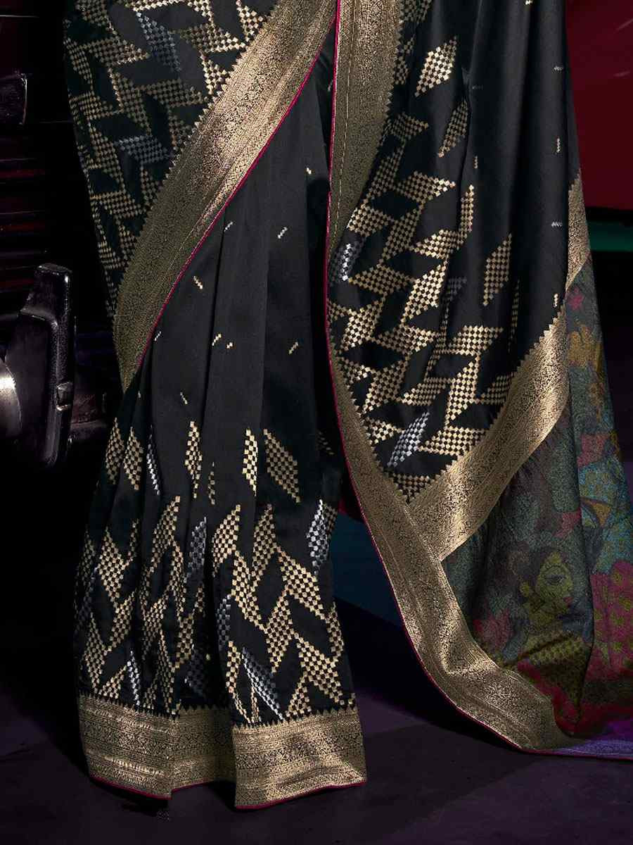Black Pure Silk Printed Handwoven Traditional Bridal Reception Festival Wedding Fancy Heavy Border Sarees