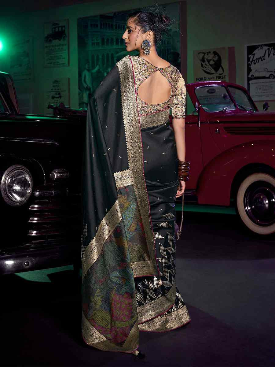 Black Pure Silk Printed Handwoven Traditional Bridal Reception Festival Wedding Fancy Heavy Border Sarees