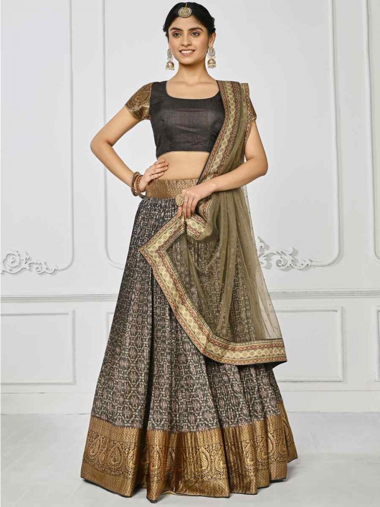 Black Pure Silk Printed Mehendi Festival Circular Lehenga Choli