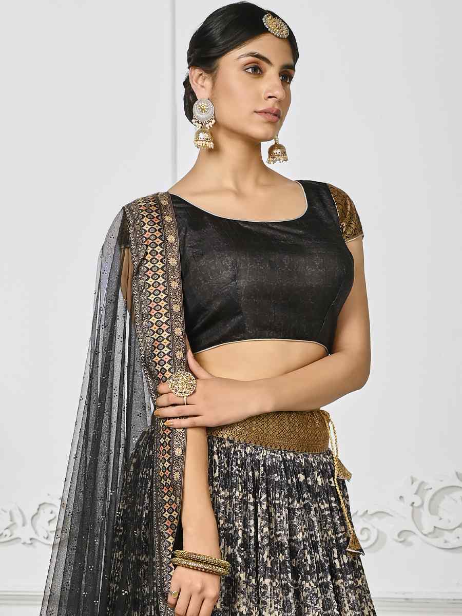 Black Pure Silk Printed Mehendi Festival Circular Lehenga Choli