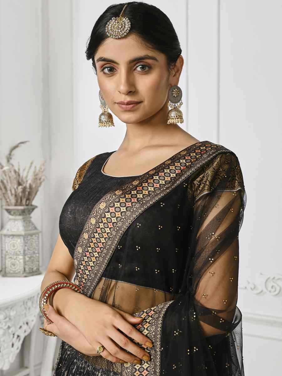 Black Pure Silk Printed Mehendi Festival Circular Lehenga Choli