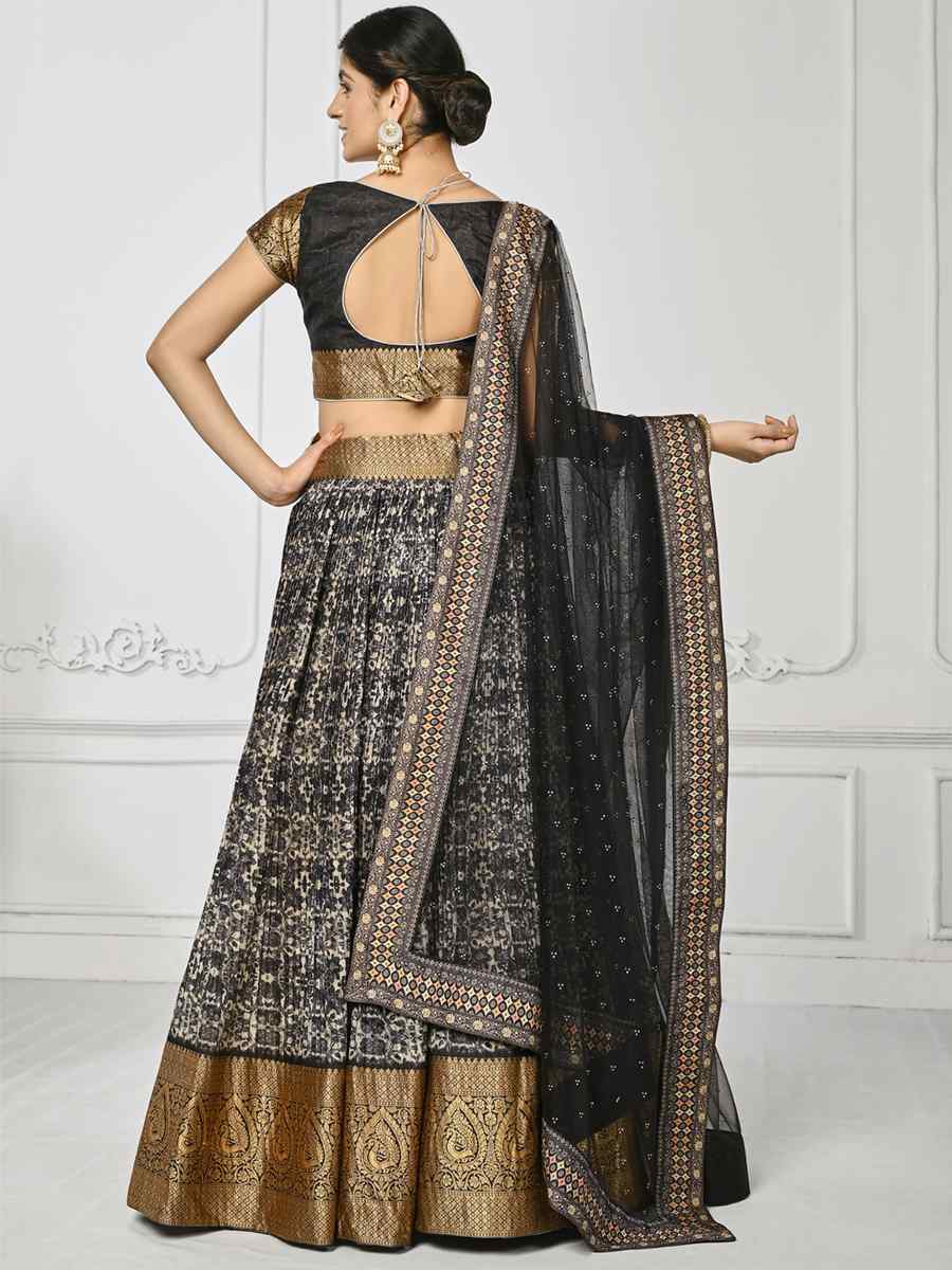 Black Pure Silk Printed Mehendi Festival Circular Lehenga Choli