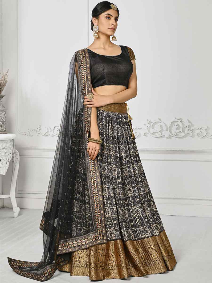 Black Pure Silk Printed Mehendi Festival Circular Lehenga Choli