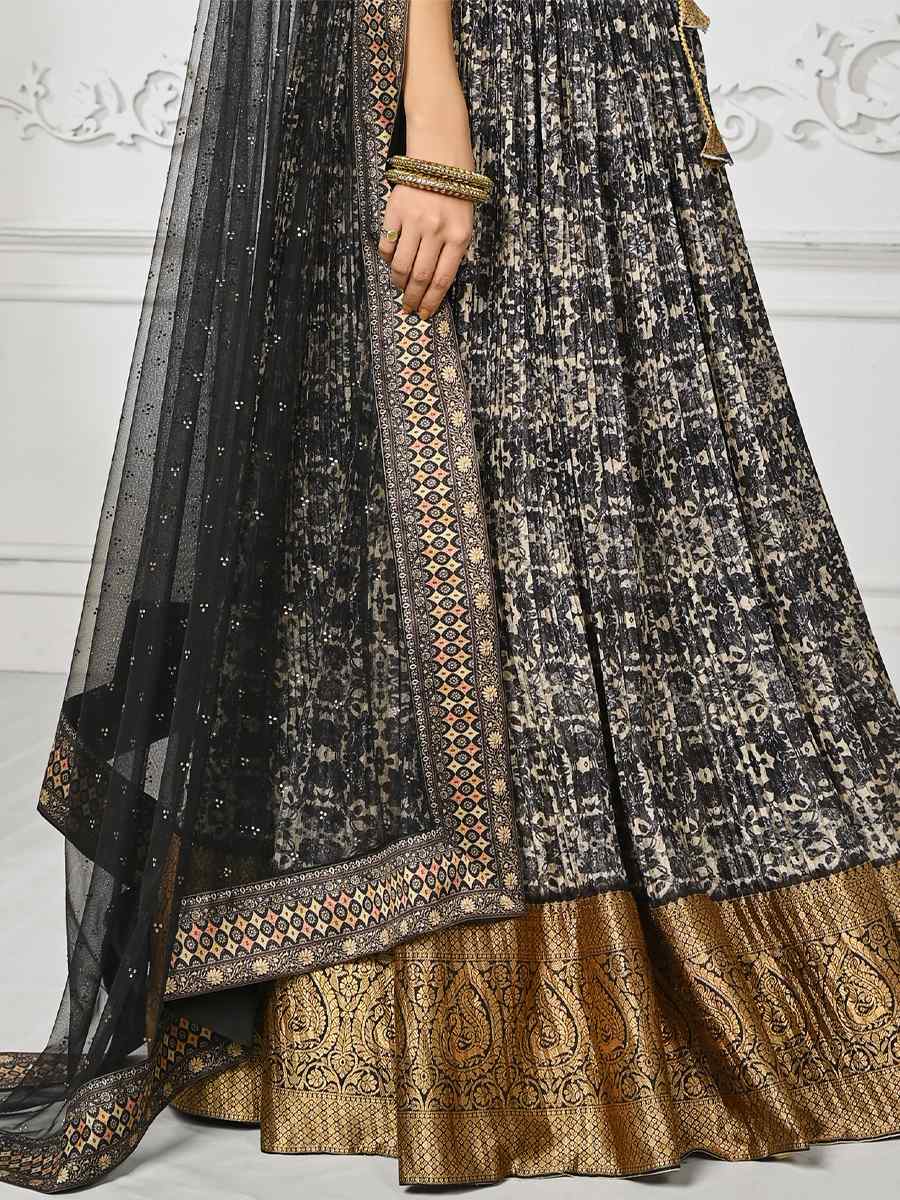 Black Pure Silk Printed Mehendi Festival Circular Lehenga Choli