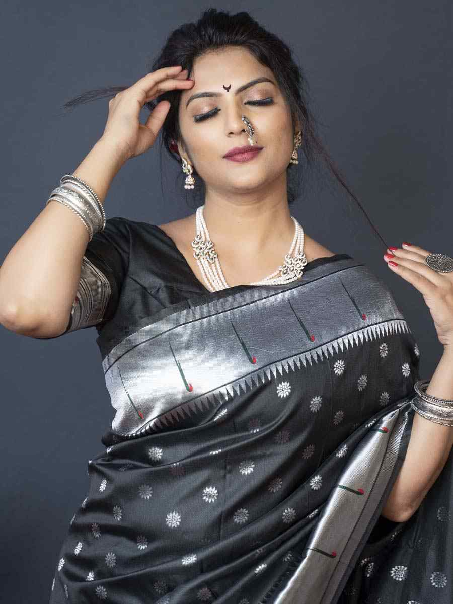 Black Pure Soft Paithani Silk Handwoven Wedding Festival Heavy Border Saree