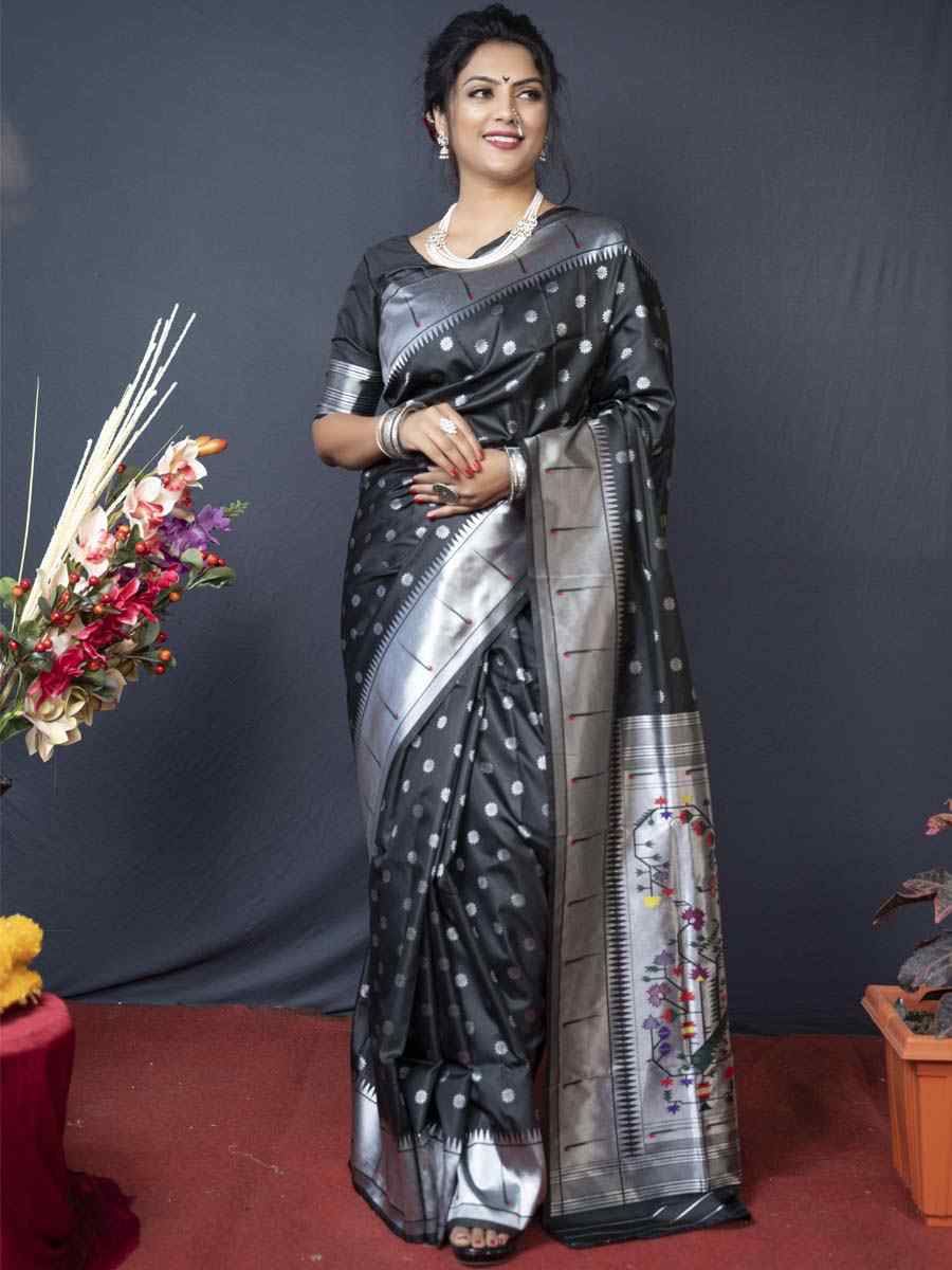 Black Pure Soft Paithani Silk Handwoven Wedding Festival Heavy Border Saree