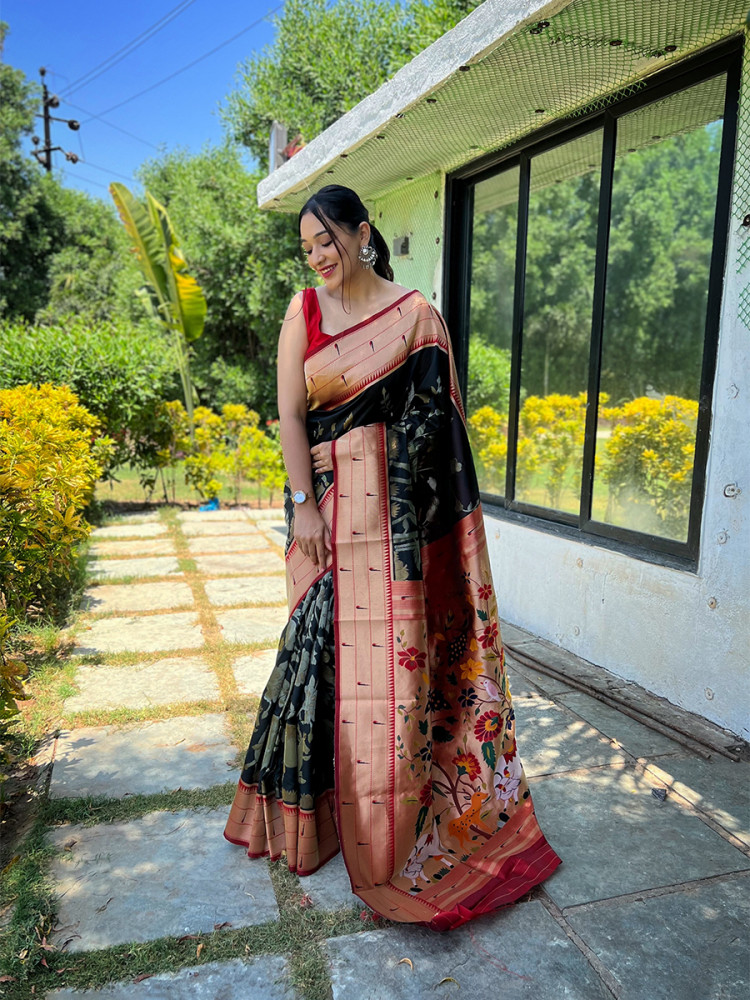 Image of Black Pure Soft Paithani Silk Zari Wedding Reception Party Festival Casual Heavy Border Sarees