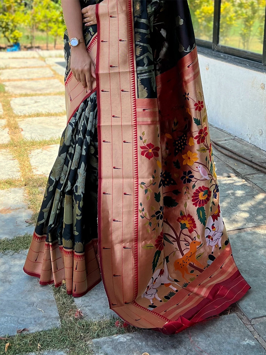 Black Pure Soft Paithani Silk Zari Wedding Reception Party Festival Casual Heavy Border Sarees
