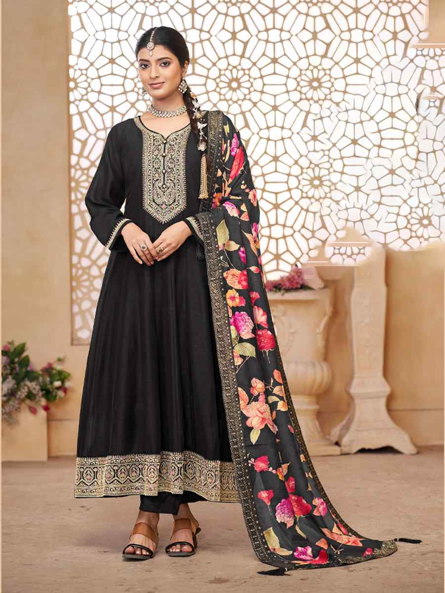Black Pure Vichitra Silk Embroidered Festival Casual Anarkali Salwar Kameez