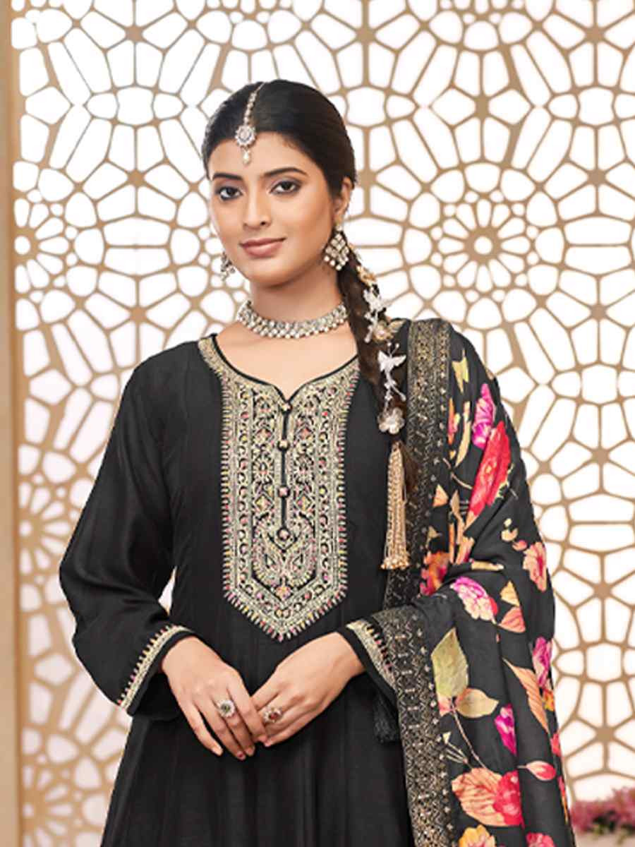 Black Pure Vichitra Silk Embroidered Festival Casual Anarkali Salwar Kameez