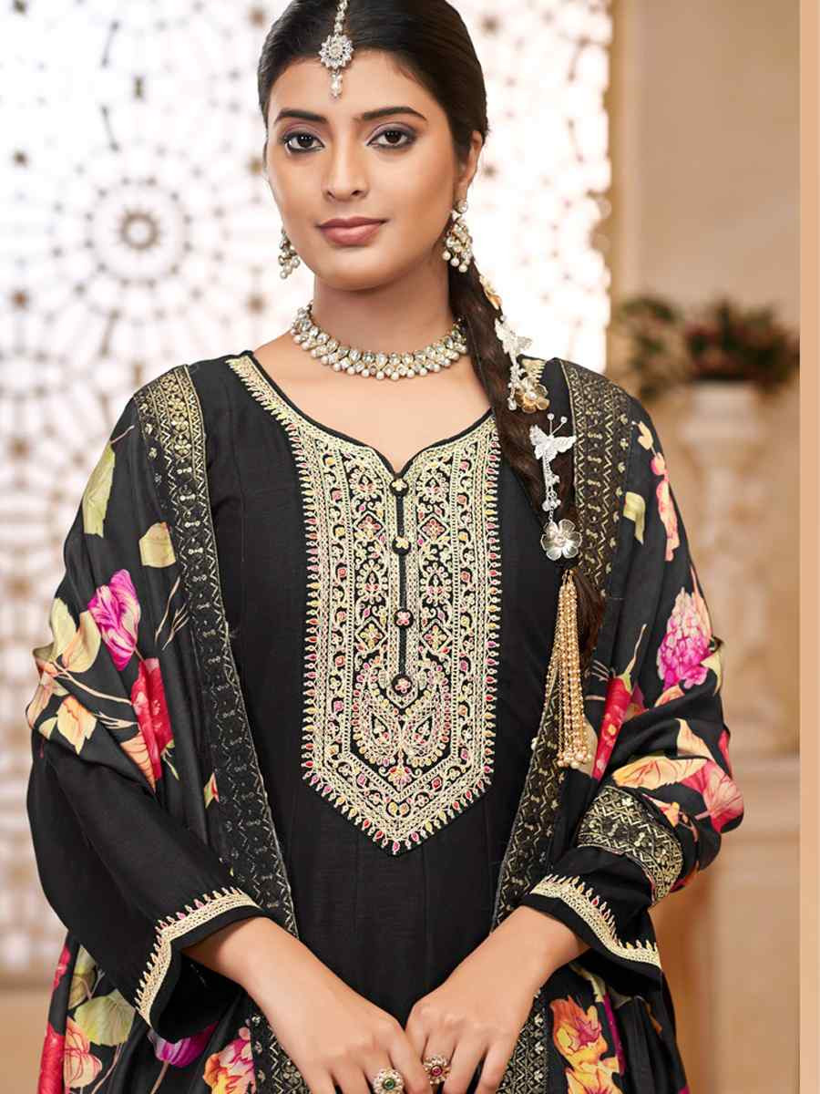 Black Pure Vichitra Silk Embroidered Festival Casual Anarkali Salwar Kameez