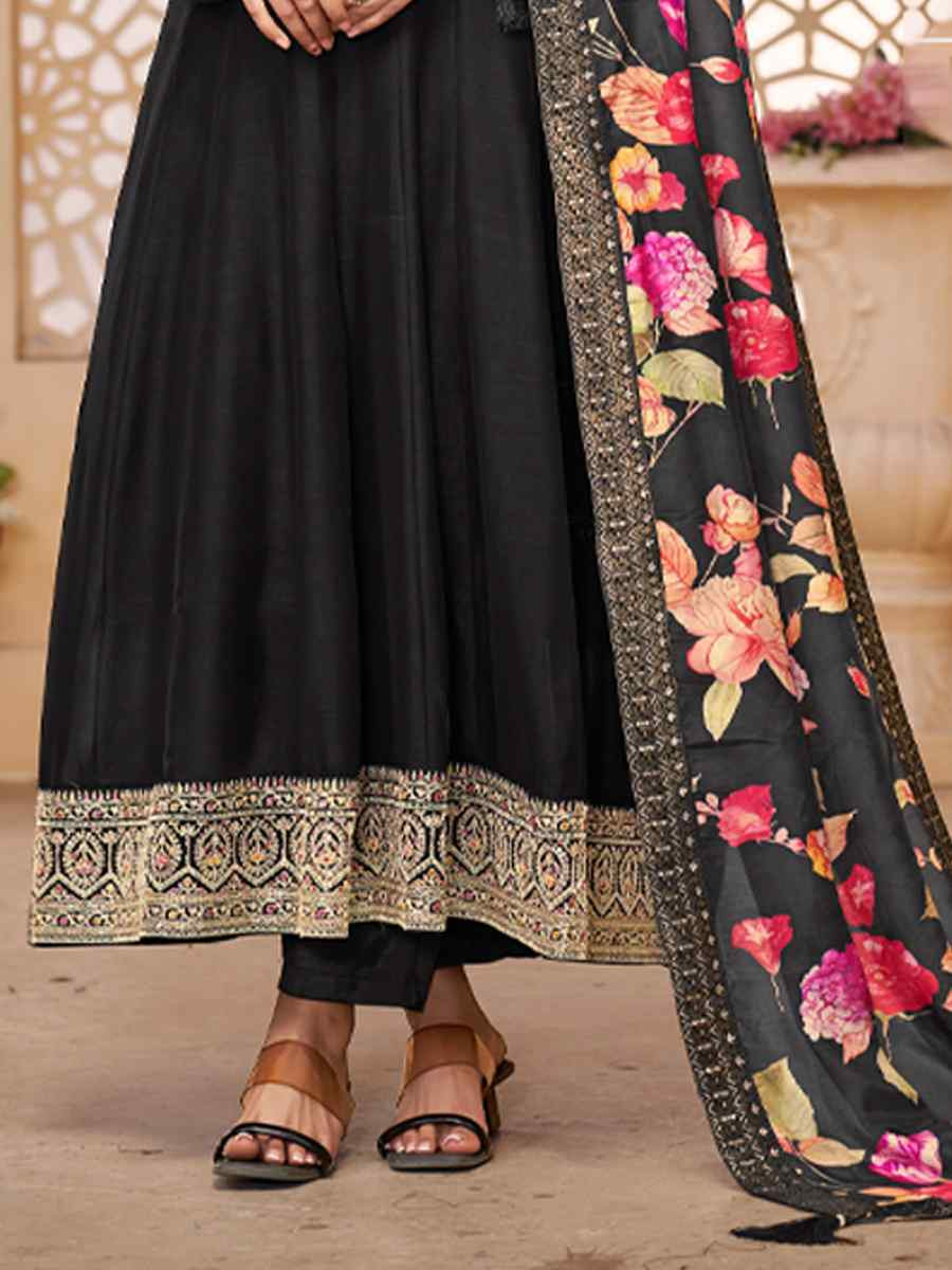 Black Pure Vichitra Silk Embroidered Festival Casual Anarkali Salwar Kameez