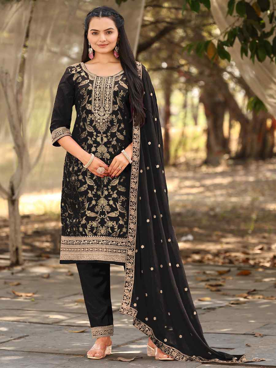 Black Pure Viscose Jacquard Embroidery Party Wedding Festival Casual Ready Pant Salwar Kameez