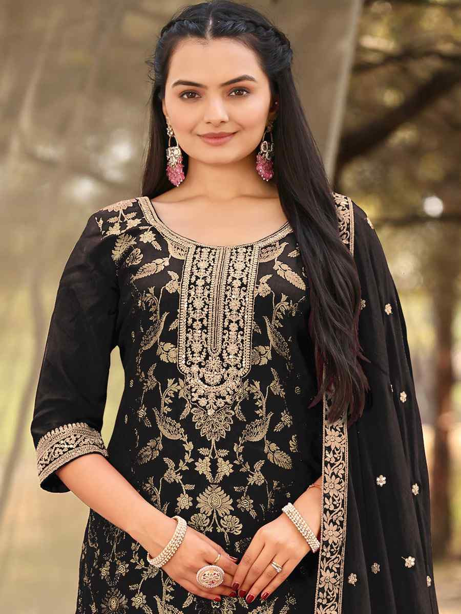 Black Pure Viscose Jacquard Embroidery Party Wedding Festival Casual Ready Pant Salwar Kameez