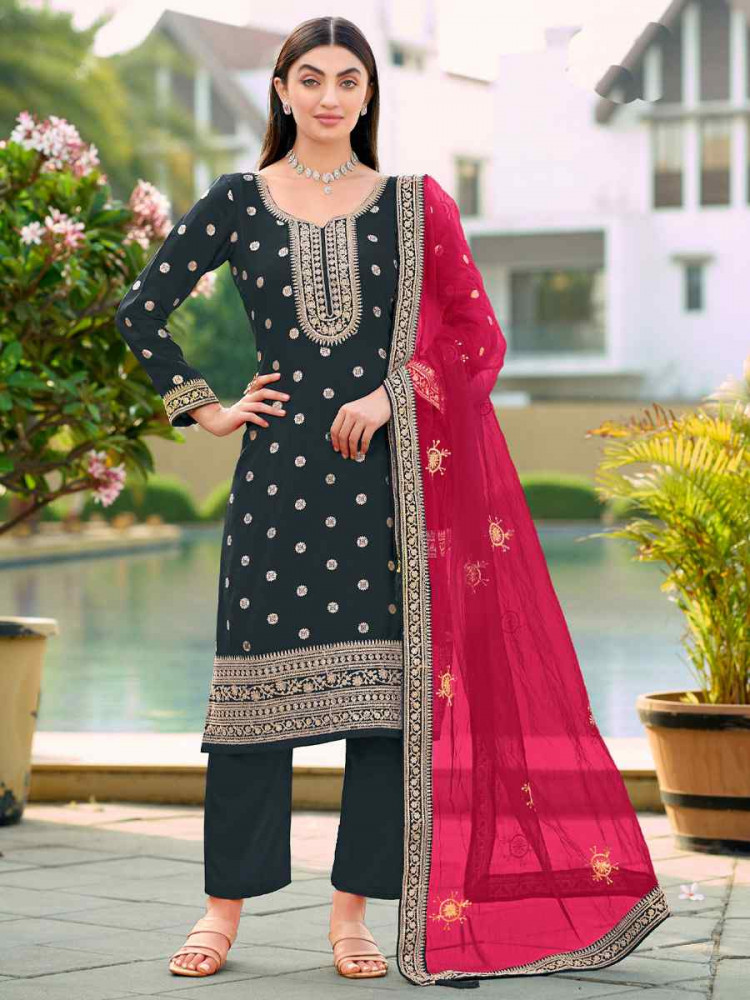 Image of Black Pure Viscose Jacquard Silk Embroidery Party Wedding Festival Casual Ready Pant Salwar Kameez