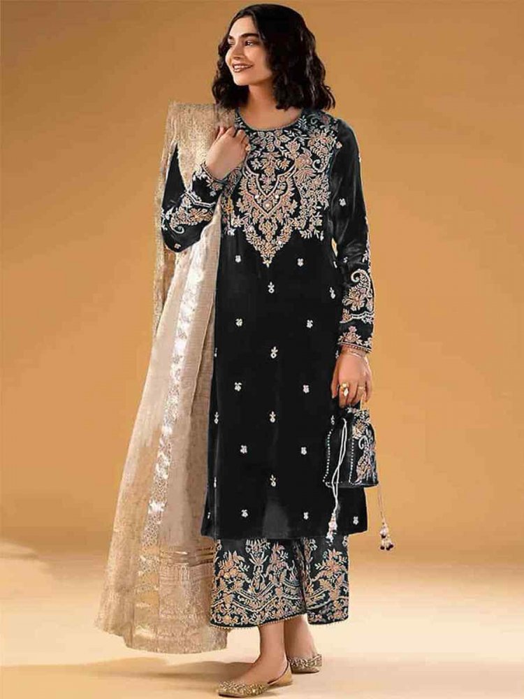Black Pure Viscose Velvet Embroidered Festival Wedding Pant Salwar Kameez