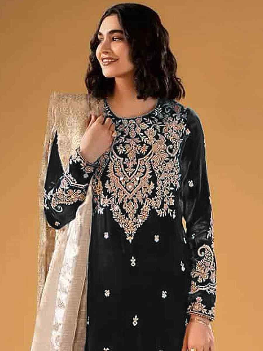 Black Pure Viscose Velvet Embroidered Festival Wedding Pant Salwar Kameez