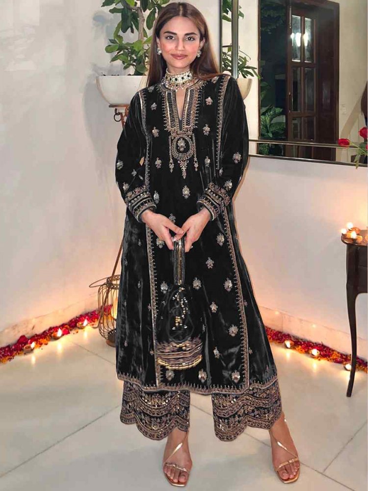 Black Pure Viscose Velvet Embroidered Mehendi Wedding Pant Salwar Kameez