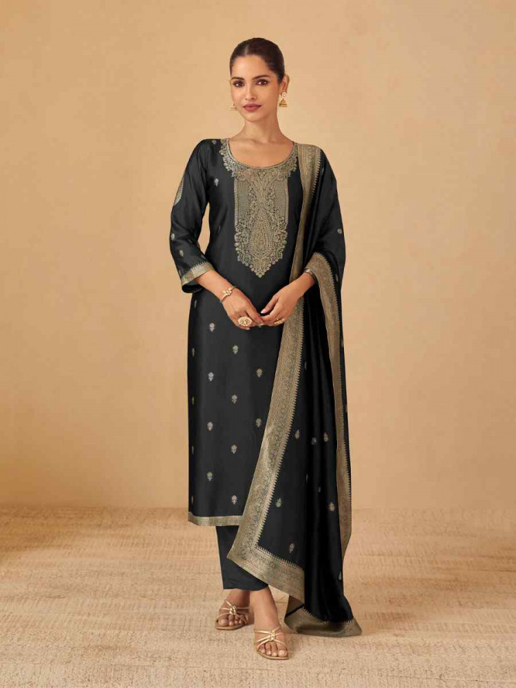 Image of Black Puremium Viscose Silk Jacquard Handwoven Festival Wedding Pant Salwar Kameez