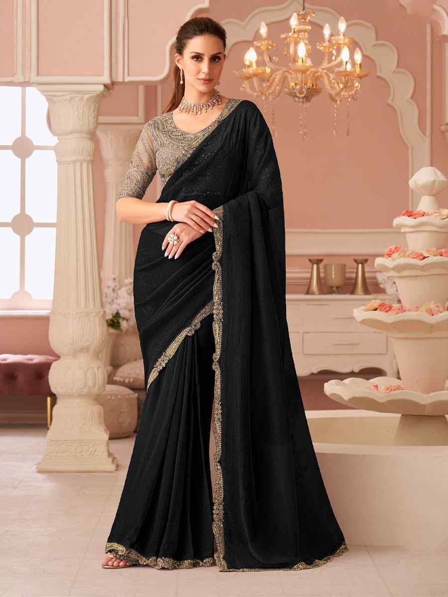 Black Rainbow Georgette Embroidery Bridal Reception Festival Wedding Fancy Heavy Border Saree