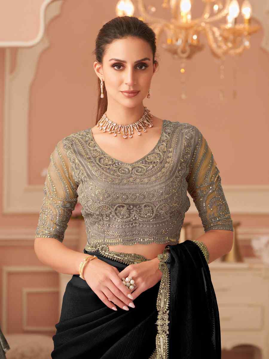 Black Rainbow Georgette Embroidery Bridal Reception Festival Wedding Fancy Heavy Border Saree