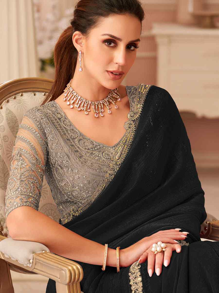 Black Rainbow Georgette Embroidery Bridal Reception Festival Wedding Fancy Heavy Border Saree