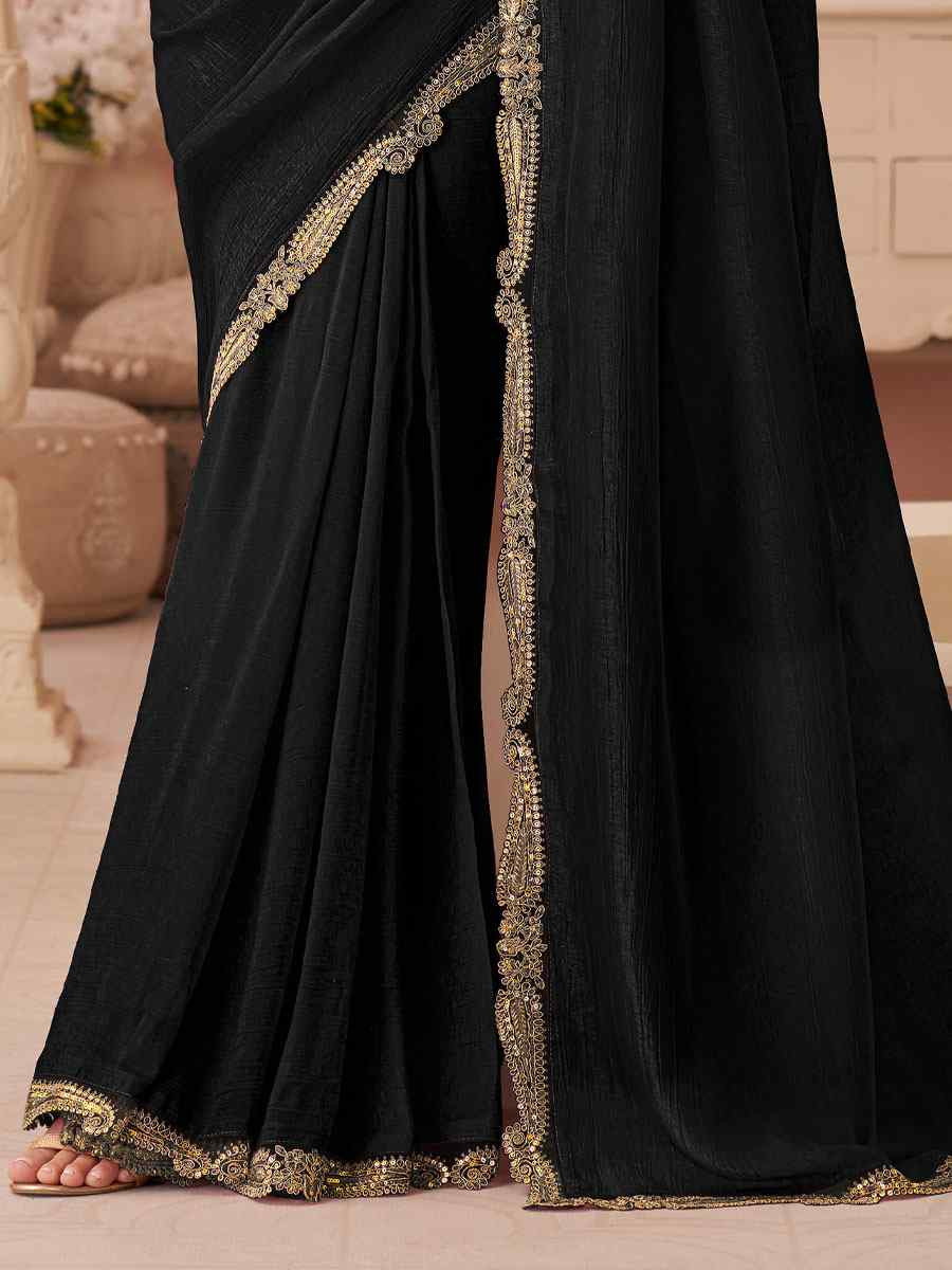 Black Rainbow Georgette Embroidery Bridal Reception Festival Wedding Fancy Heavy Border Saree