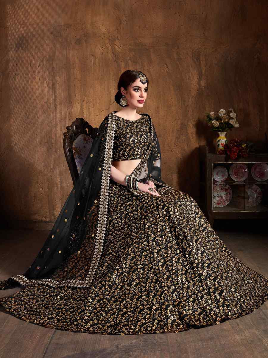 Black Raw Silk Embroidered Wedding Reception Festival Heavy Border Lehenga Choli