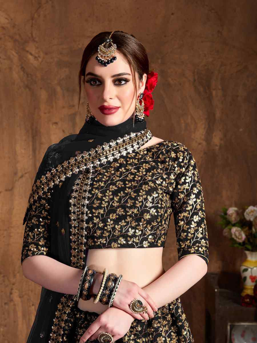 Black Raw Silk Embroidered Wedding Reception Festival Heavy Border Lehenga Choli