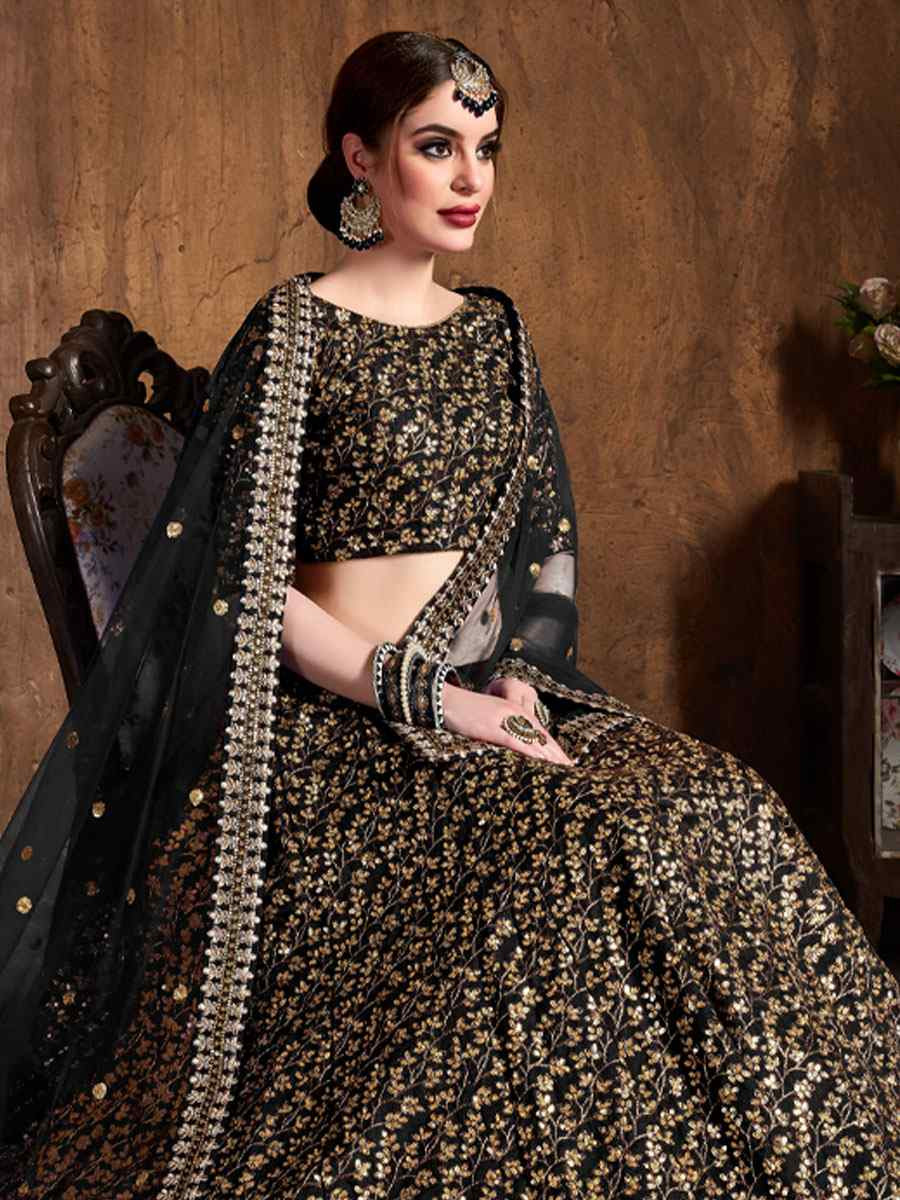 Black Raw Silk Embroidered Wedding Reception Festival Heavy Border Lehenga Choli