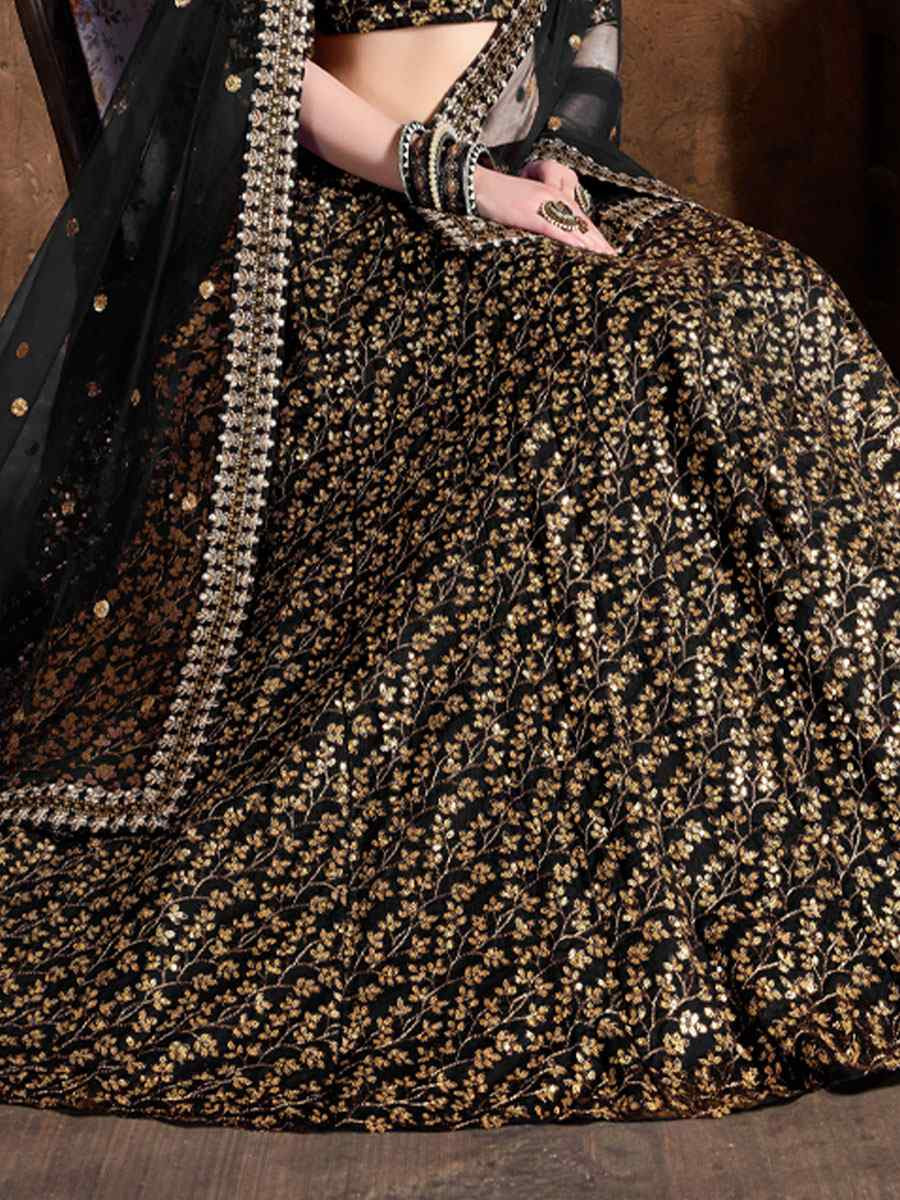 Black Raw Silk Embroidered Wedding Reception Festival Heavy Border Lehenga Choli
