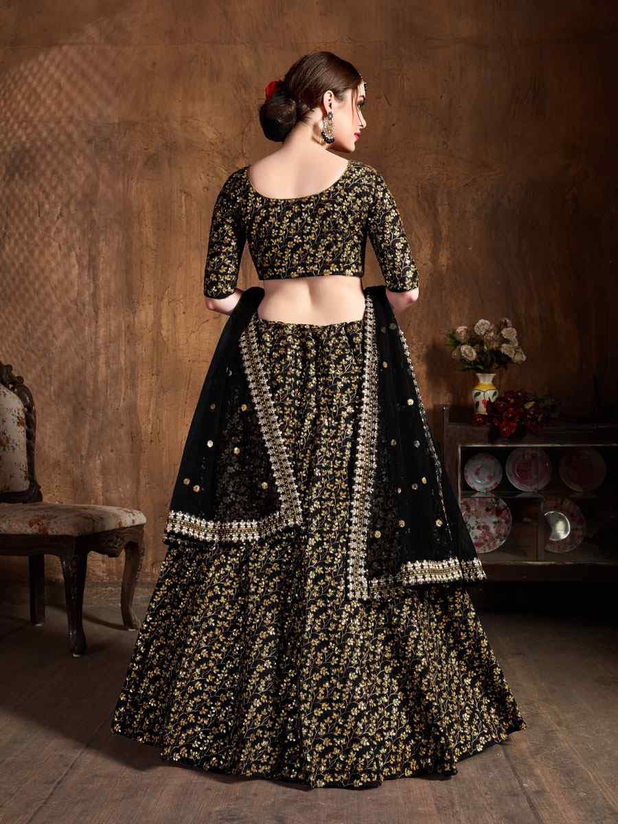 Black Raw Silk Embroidered Wedding Reception Festival Heavy Border Lehenga Choli