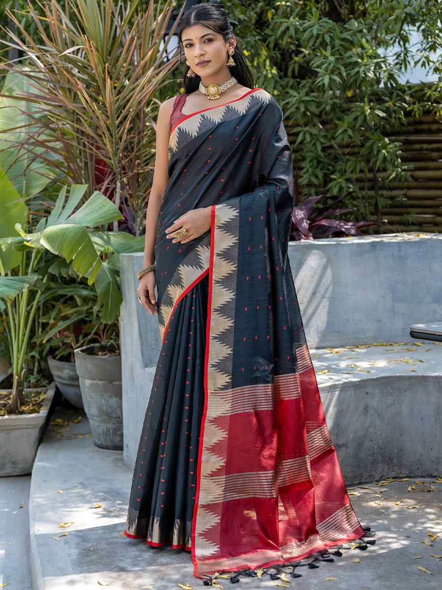 Black Raw Silk Handwoven Casual Festival Classic Style Saree