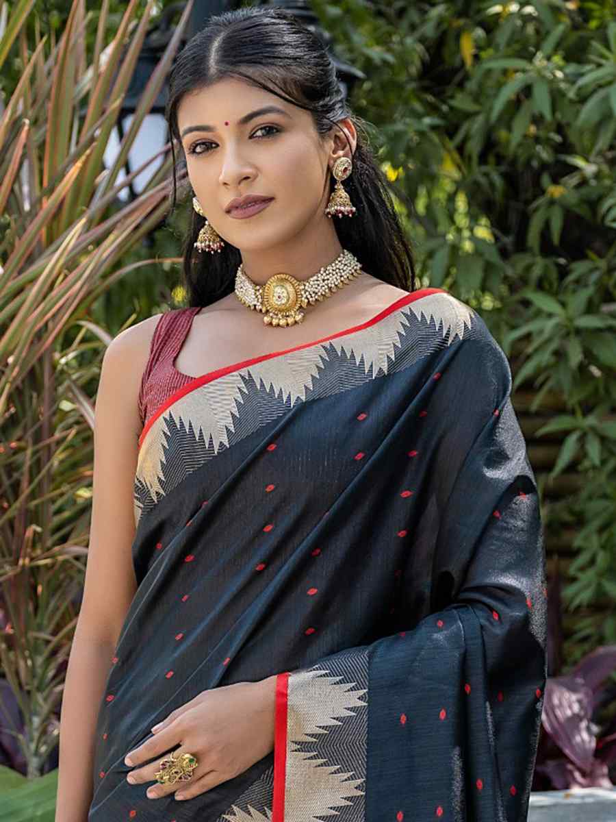 Black Raw Silk Handwoven Casual Festival Classic Style Saree