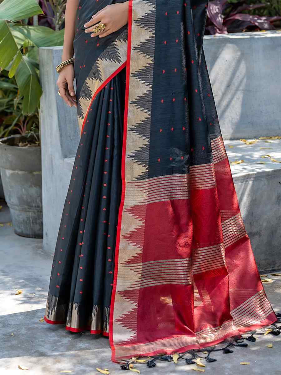 Black Raw Silk Handwoven Casual Festival Classic Style Saree