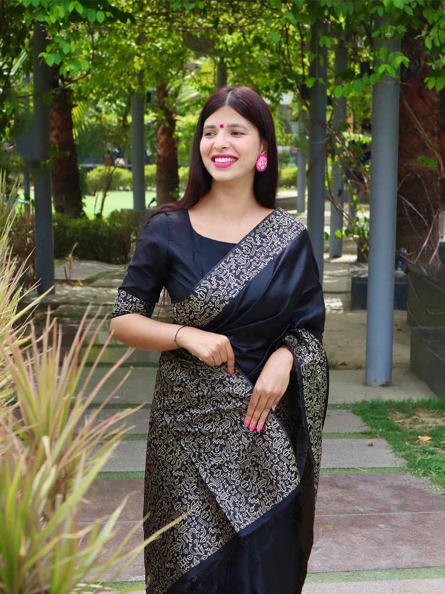 Black Raw Silk Printed Festival Wedding Fancy Heavy Border Saree