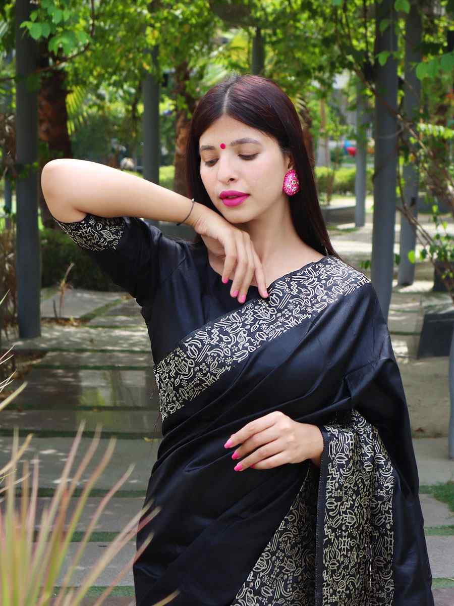 Black Raw Silk Printed Festival Wedding Fancy Heavy Border Saree
