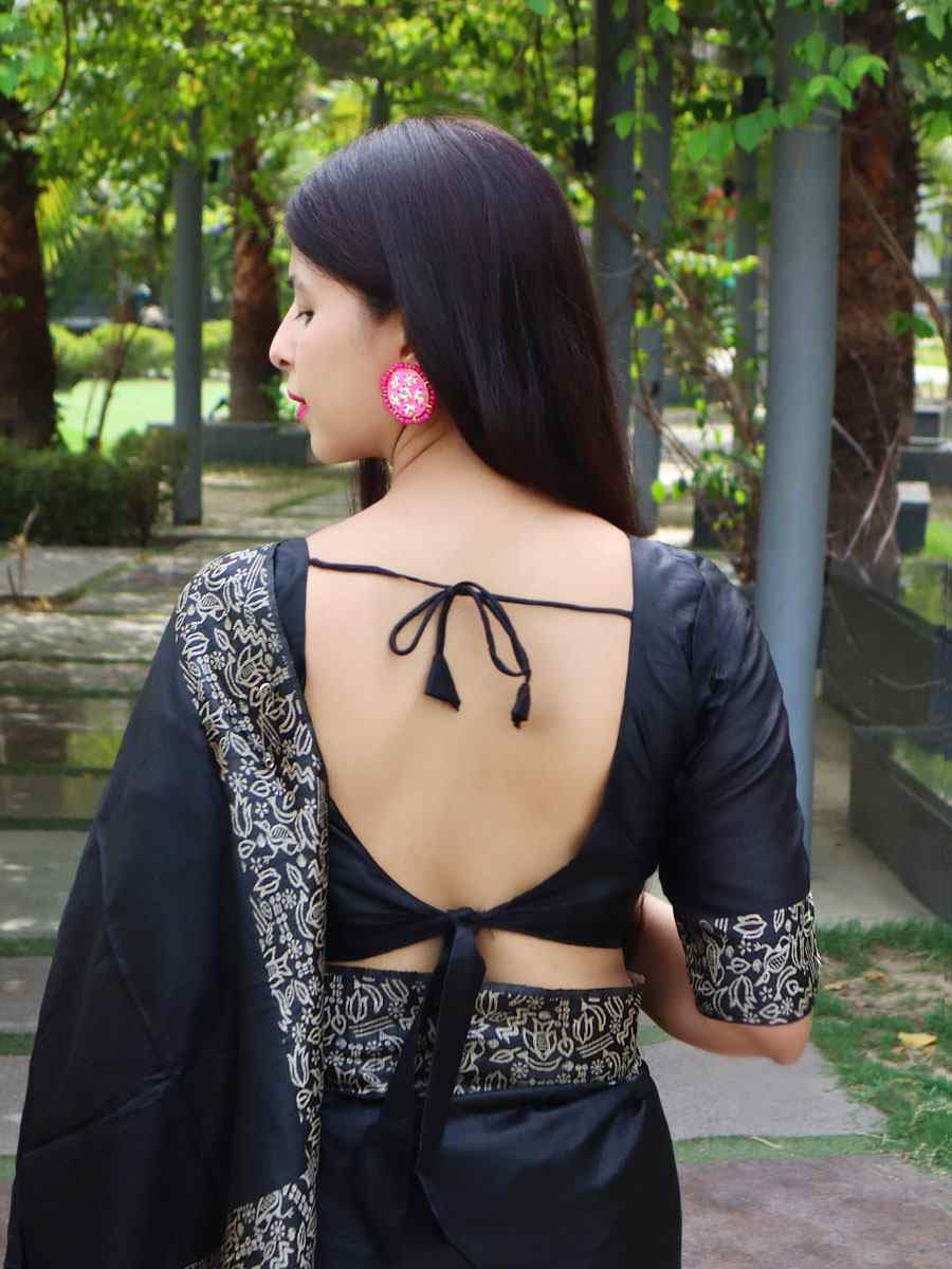Black Raw Silk Printed Festival Wedding Fancy Heavy Border Saree