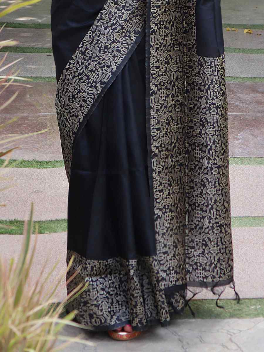 Black Raw Silk Printed Festival Wedding Fancy Heavy Border Saree