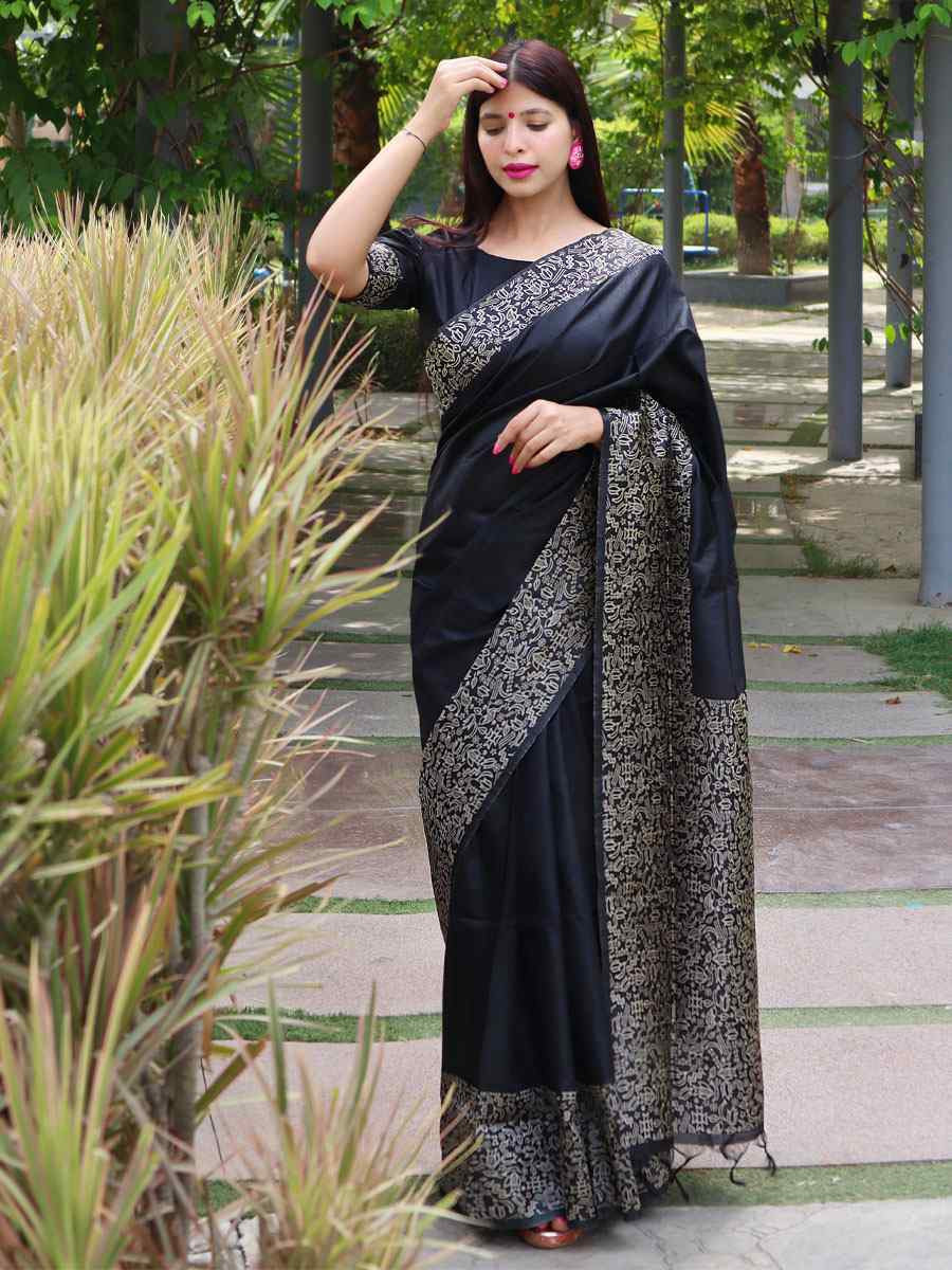 Black Raw Silk Printed Festival Wedding Fancy Heavy Border Saree