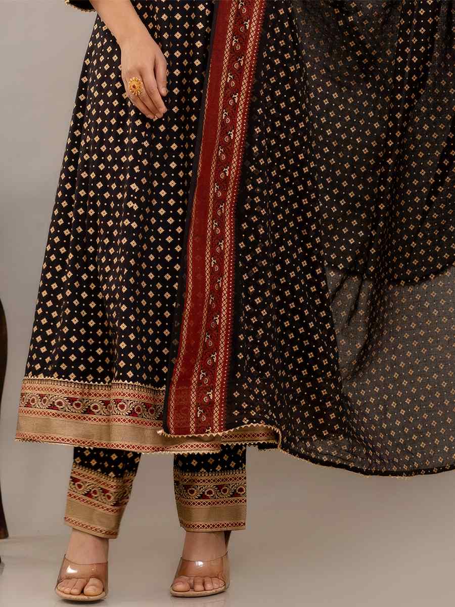 Black Rayon Cotton Embroidered Festival Casual Ready Anarkali Salwar Kameez