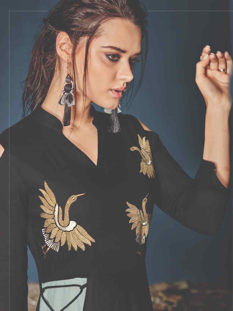Black Rayon Embroidered Festival Casual Gown