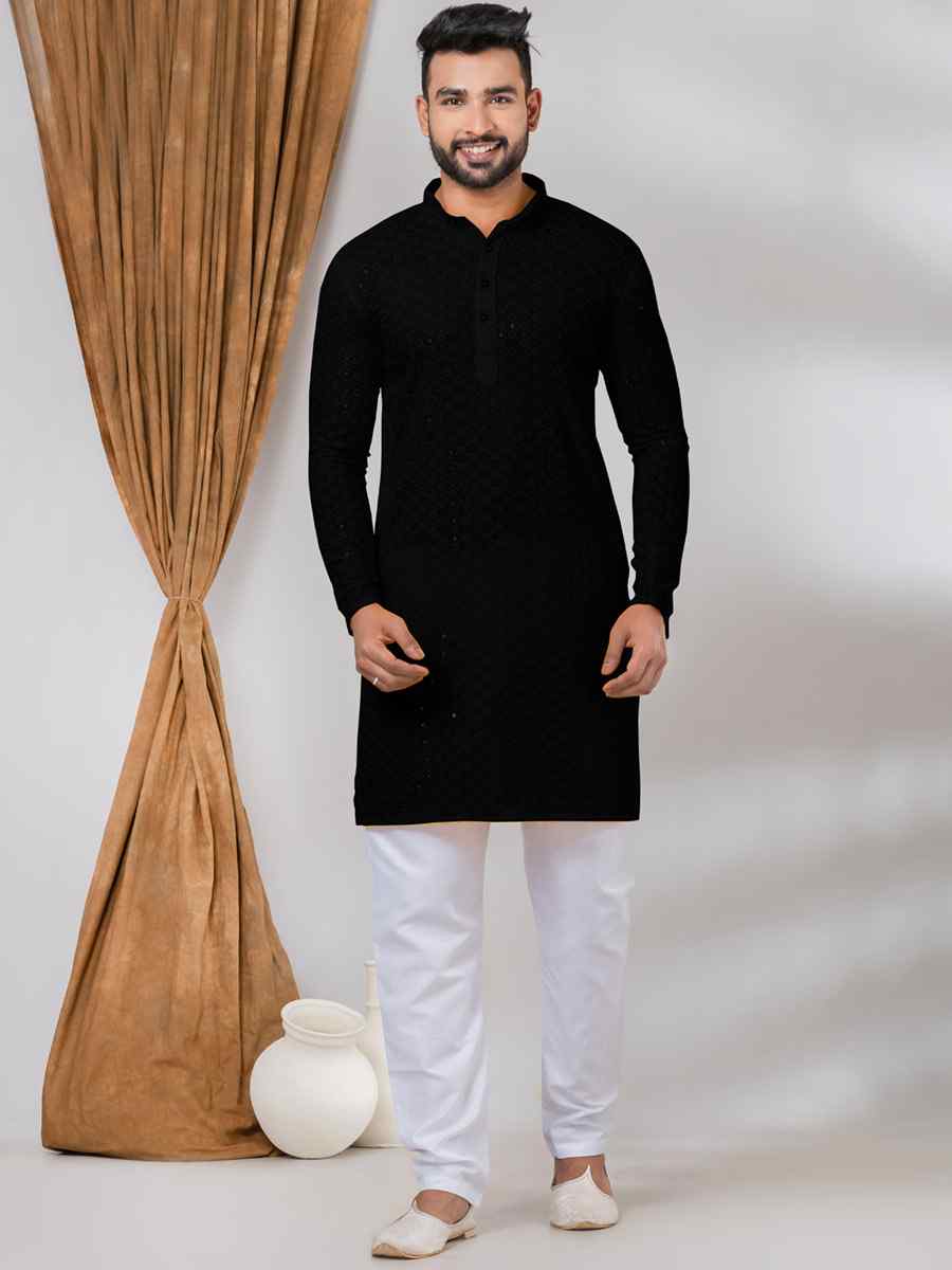 Black Rayon Embroidered Festival Casual Kurta