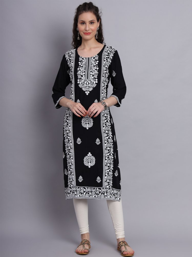 Black Rayon Embroidered Festival Casual Kurti